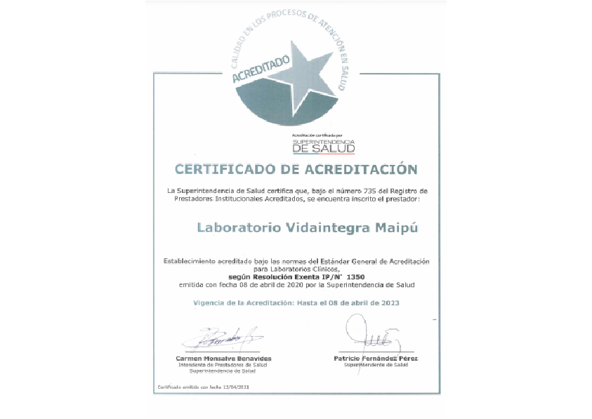 Acreditación Superintendencia de Salud – Laboratorio Vidaintegra Maipú
