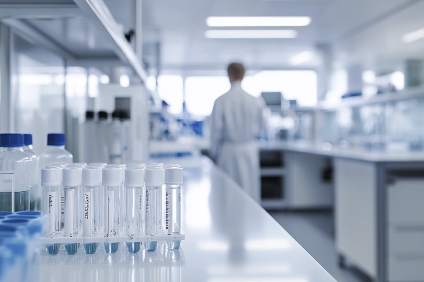 Laboratorio clínico Vidaintegra con tubos de muestra y profesional en sala automatizada